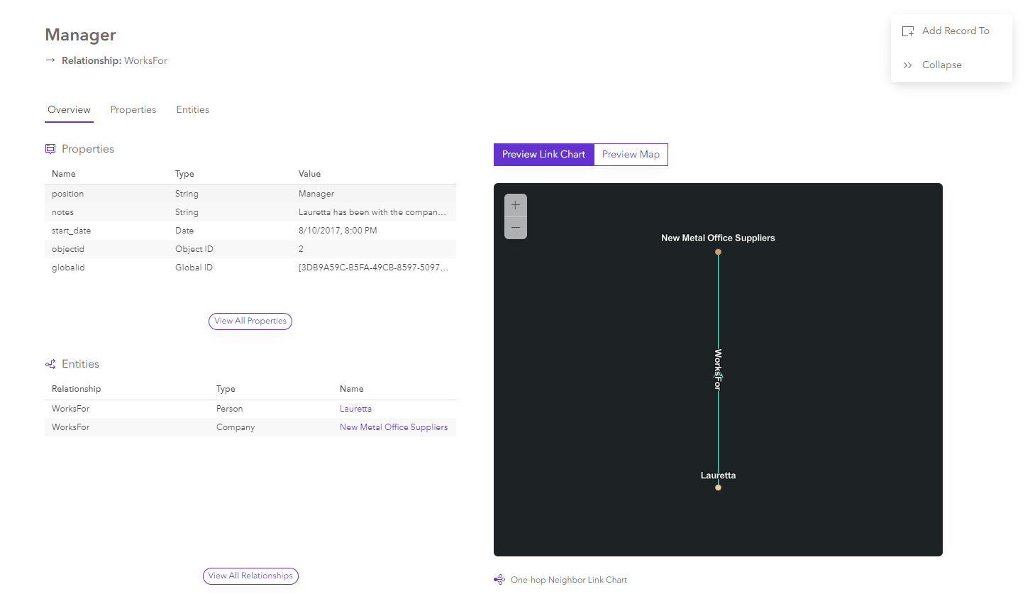 Overview of a relationship entity card